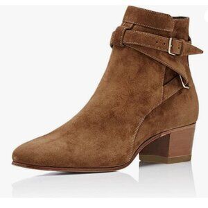 YDN Tan Block Low Heel Suede Cowgirl Boots Pull on Ankle Bootie with Buckle